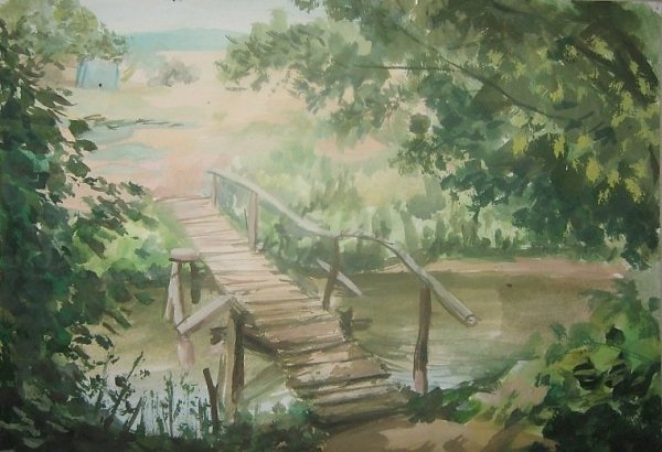 Поленов.мостик через реку, картина