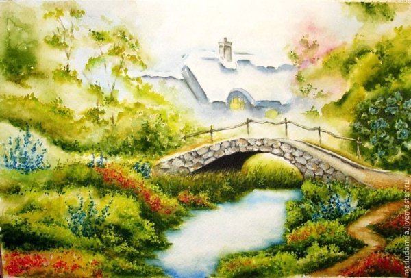 Акварель пейзаж с мостиком