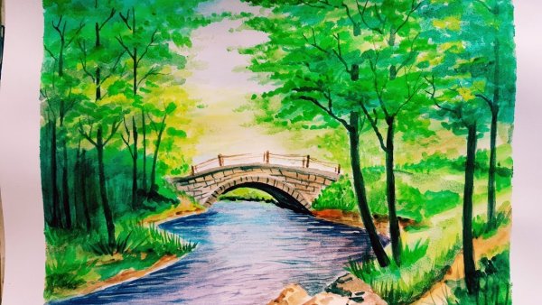 Пейзаж с мостиком рисунок