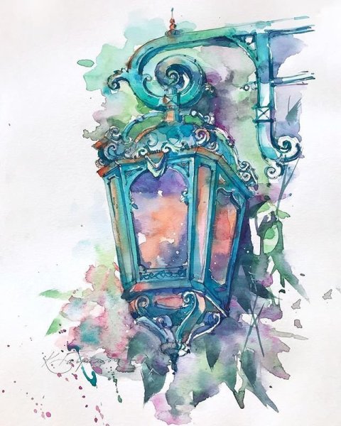 Уличный фонарь акварелью