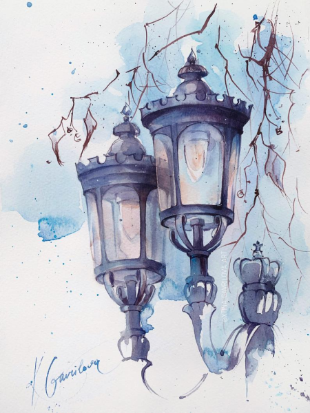 Фонарь скетчинг акварелью