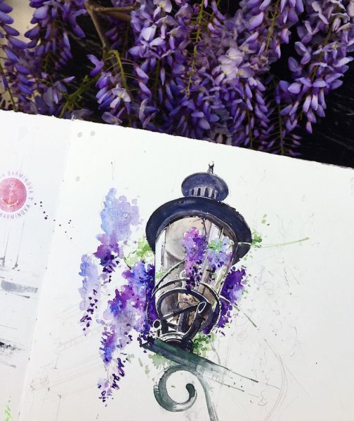 Уличный фонарь акварелью