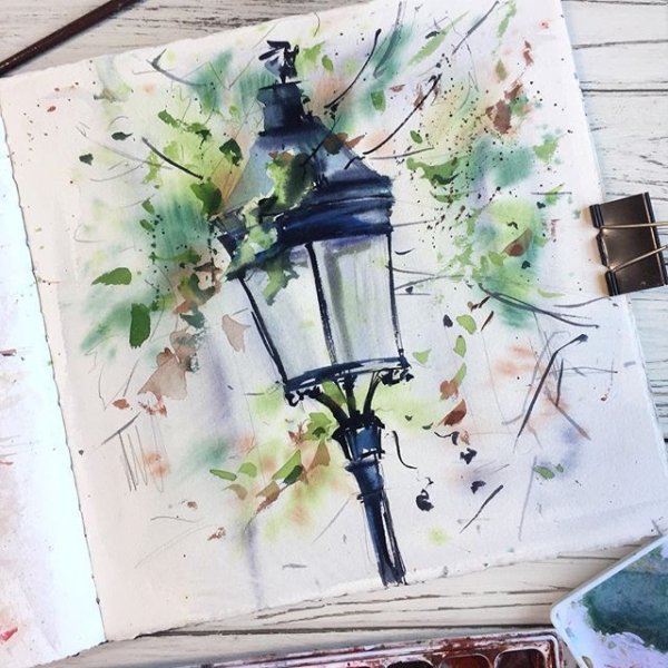 Уличный фонарь акварелью