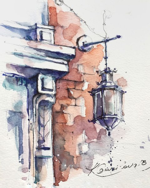 Уличный фонарь акварелью