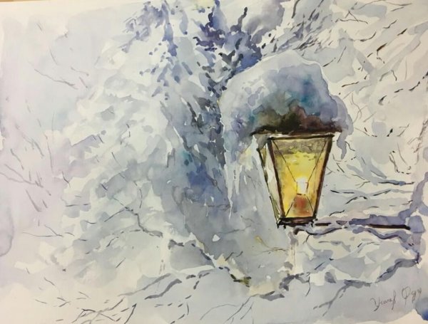 Уличный фонарь акварелью