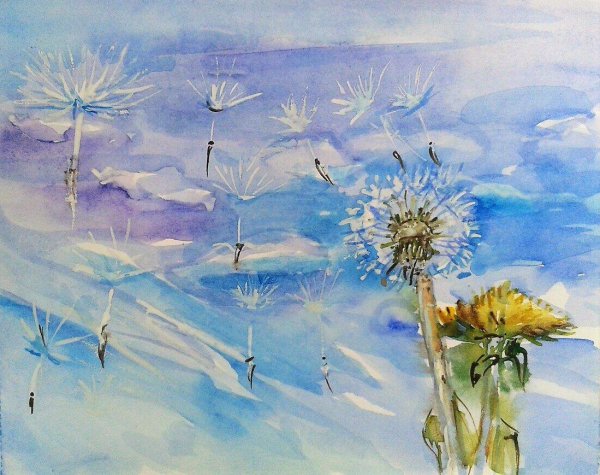 Одуванчики акварелью