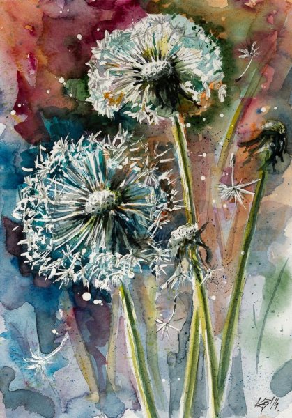 Одуванчики акварелью