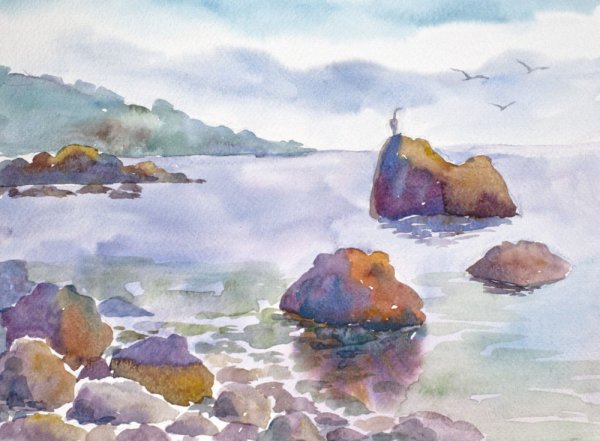 Морской пейзаж акварелью для начинающих