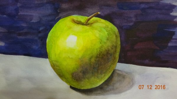 Зеленое яблоко гуашью