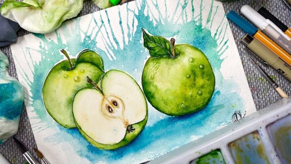 Акварельные зеленые яблоки
