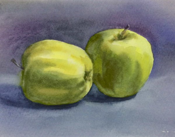 Зеленое яблоко акварелью