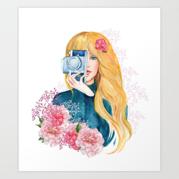 Девушка с фотоаппаратом акварель