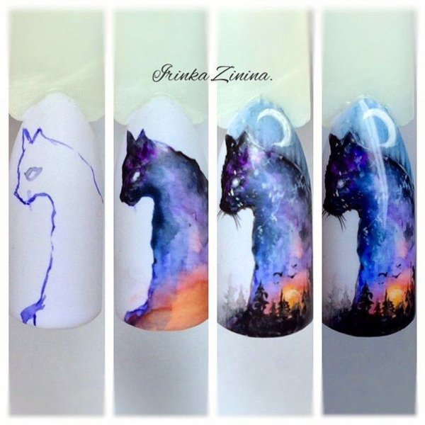 Пейзаж акварелью на ногтях