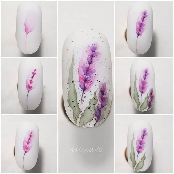 Цветы акварелью на ногтях