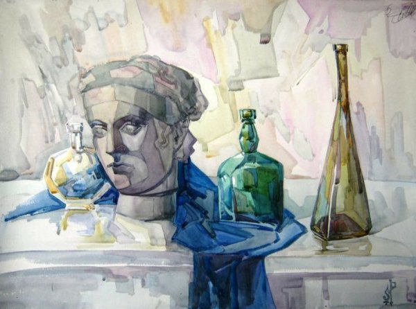 Постановка с гипсовой головой живопись акварель