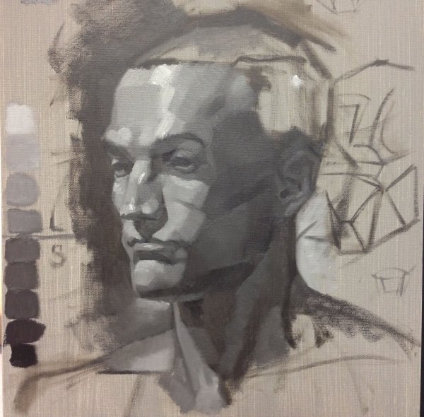 Этюд головы человека в технике гризайль