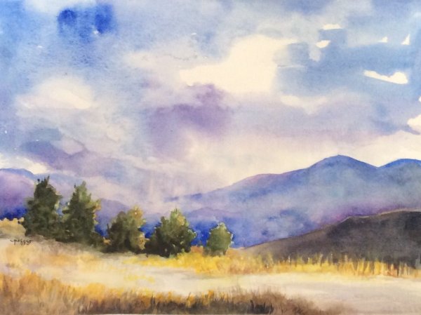 Акварельный пейзаж синий