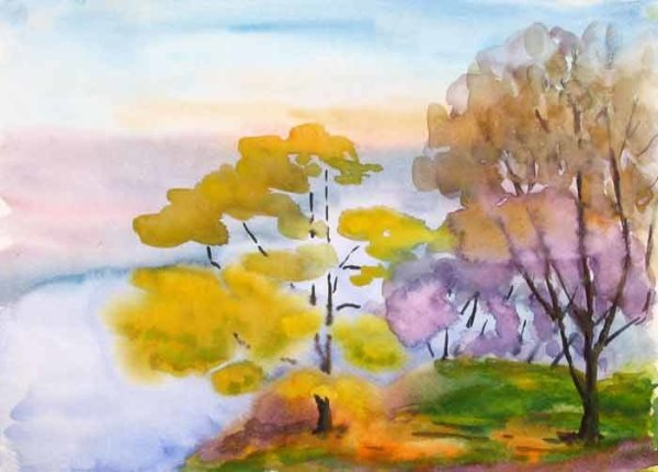 Пейзаж акварелью для детей