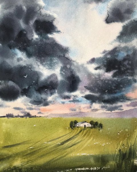 Грозовое небо акварелью