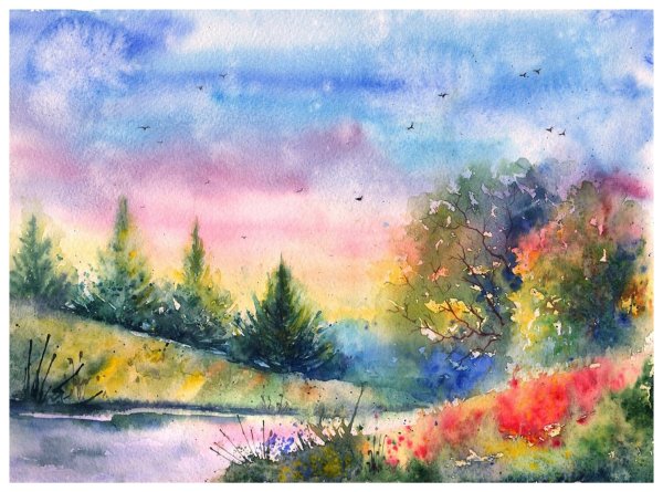 Летний пейзаж акварелью