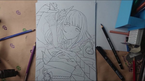 Рисование Сегун Райден Геншин карандашом