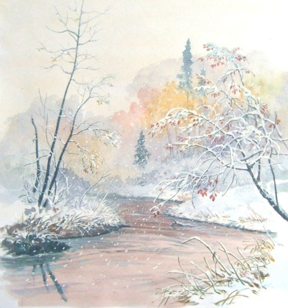 Зимнее утро акварель