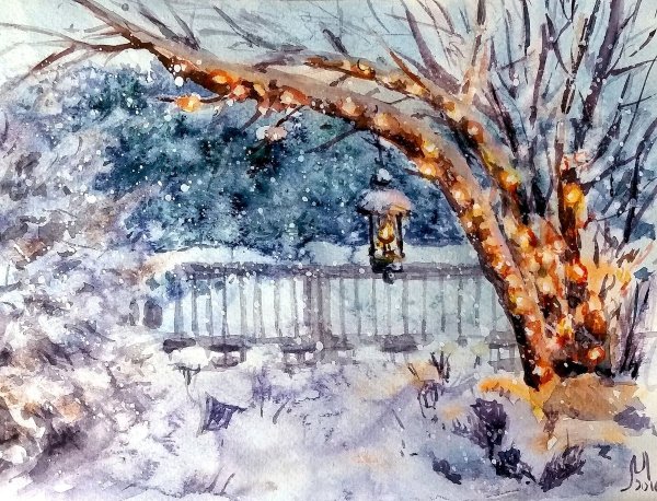 Зимний лес акварель