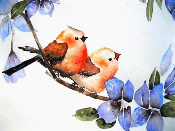 Весенние птицы акварель