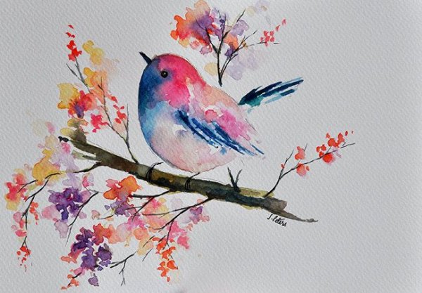 Милая птичка акварель