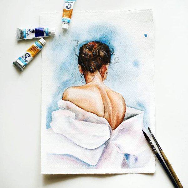 Акварель девушка со спины