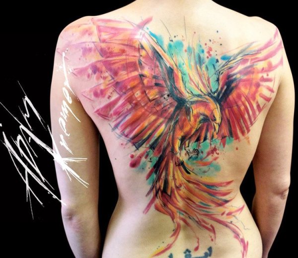 Птица Феникс тату акварель