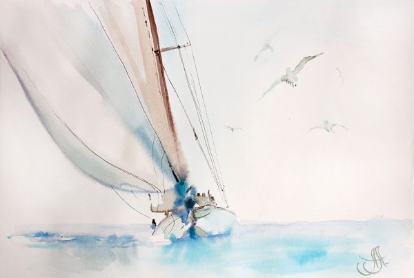 Парусник акварель