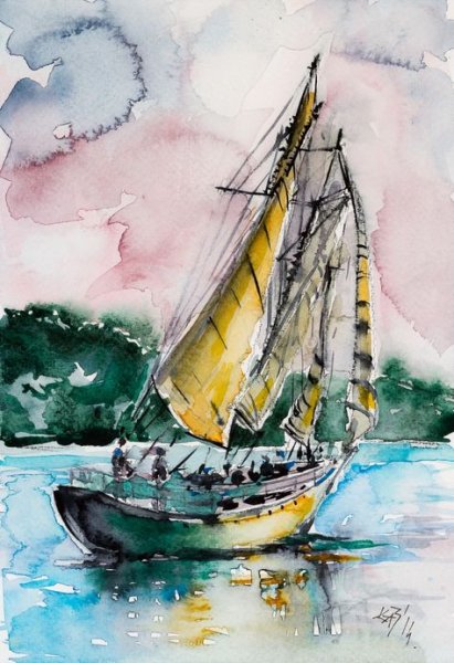 Корабль в море акварель