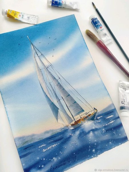 Акварель море парусник яхта