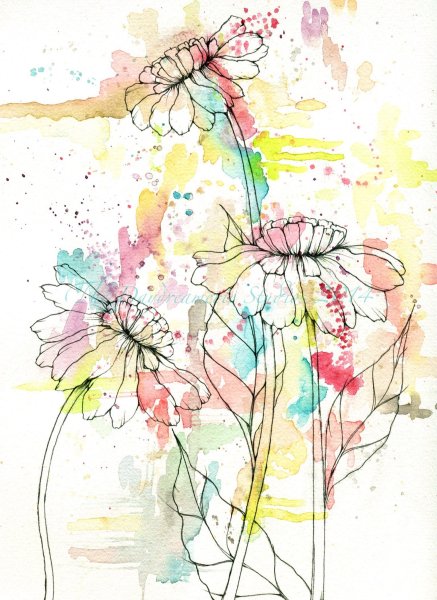 Акварельные цветы с контуром