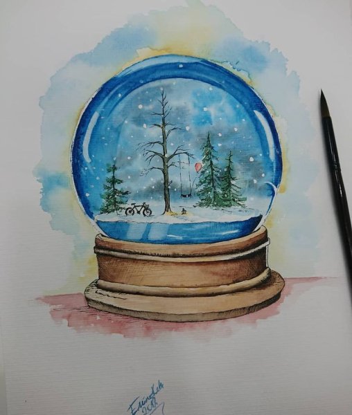 Стеклянный шар со снегом акварелью
