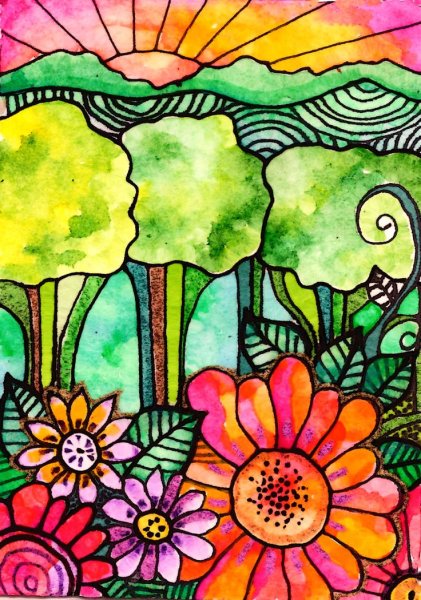 Декоративный пейзаж фломастерами