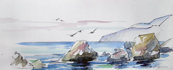 Акварель море Наброски