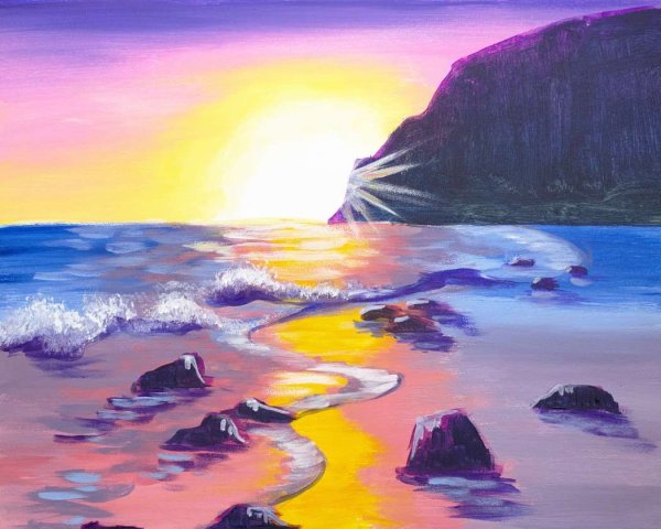 Море горы закат акварель