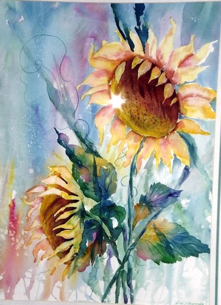 Подсолнухи в живописи акварелью