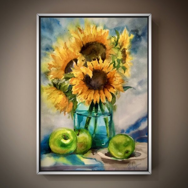 Натюрморт с подсолнухами акварелью