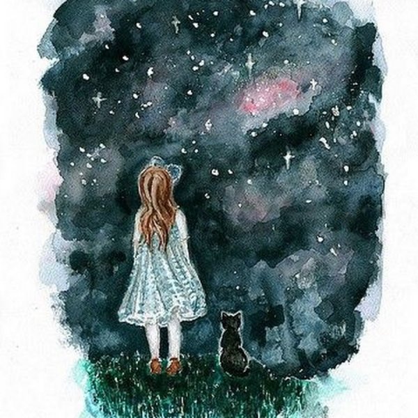 Девушка сиди спиной акварель