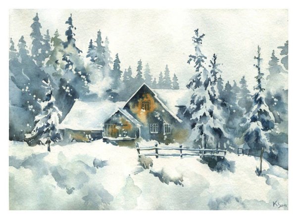 Зима акварель