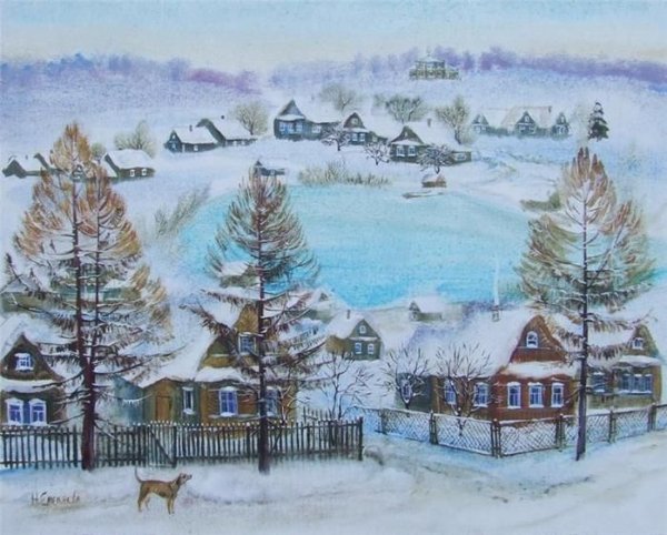 Заснеженная деревня рисунок