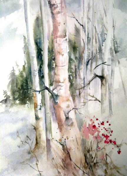 Весенние деревья акварелью