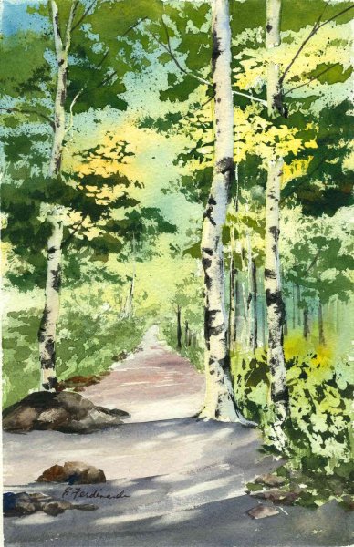 Пейзаж с березами гуашью