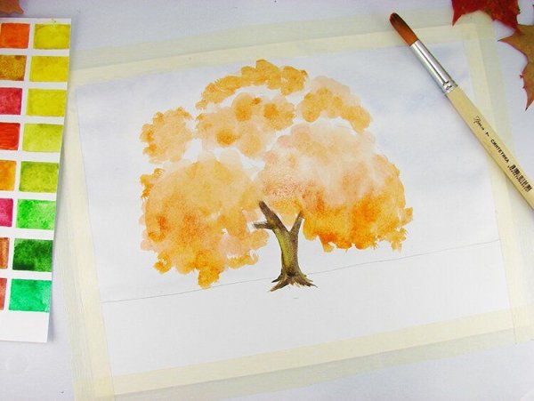 Осеннее дерево акварелью поэтапно