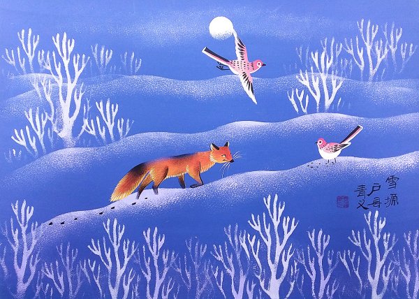 Лиса в снегу гуашью