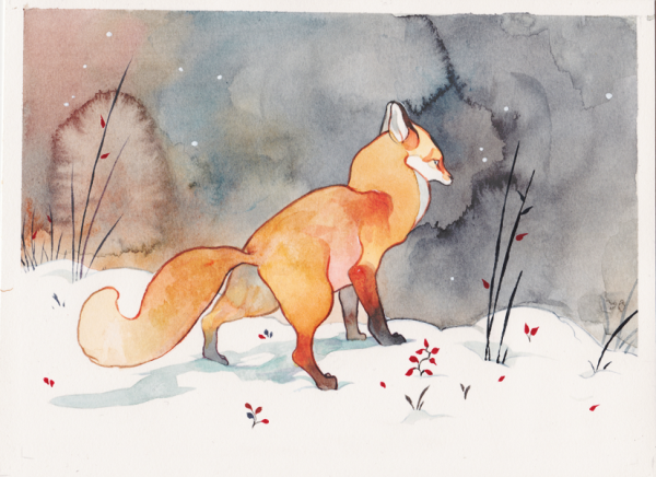 Лиса скетч акварель