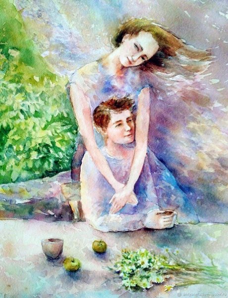 Женщина с ребенком акварель